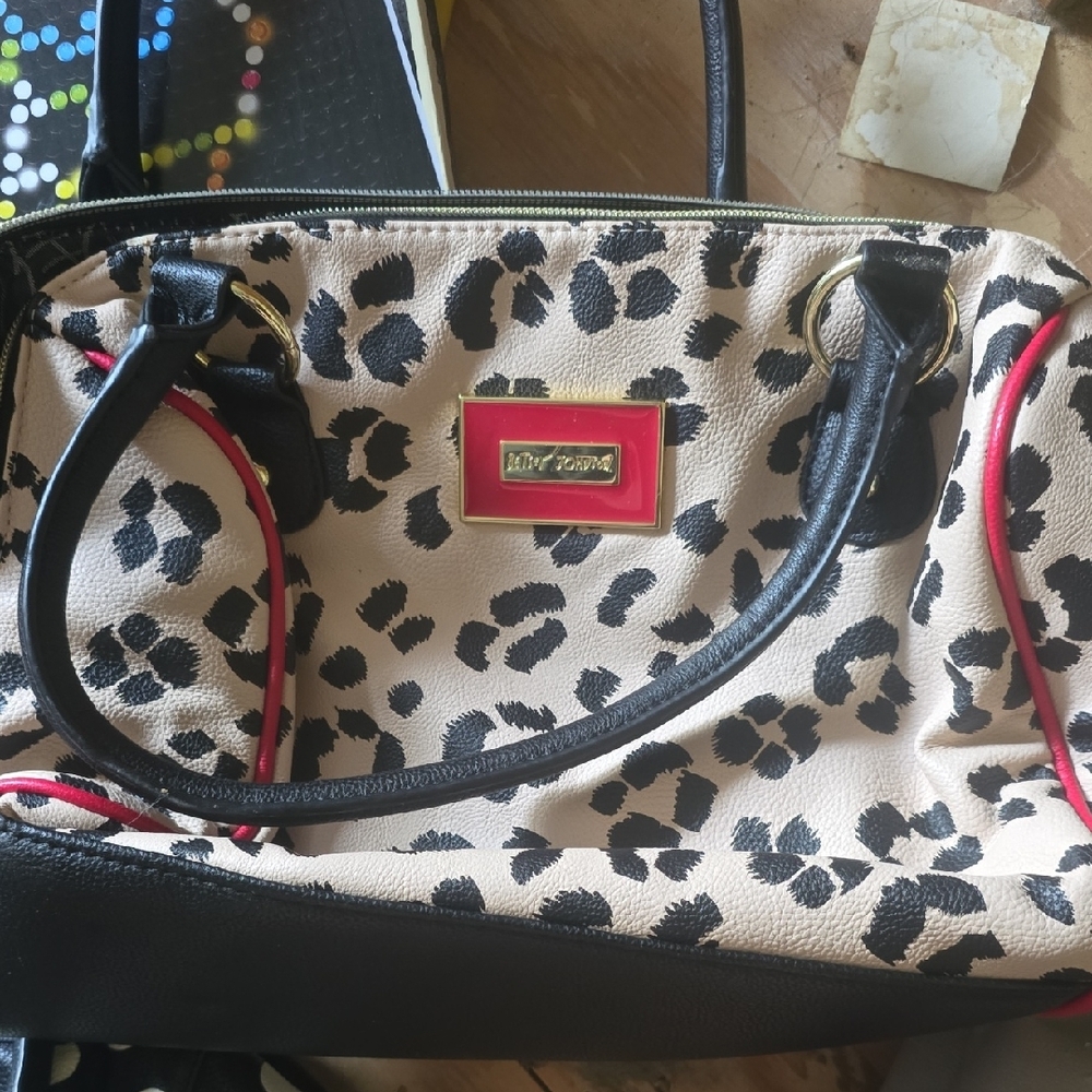 Betsey Johnson Black and Cream Satchel with Leopard Print
